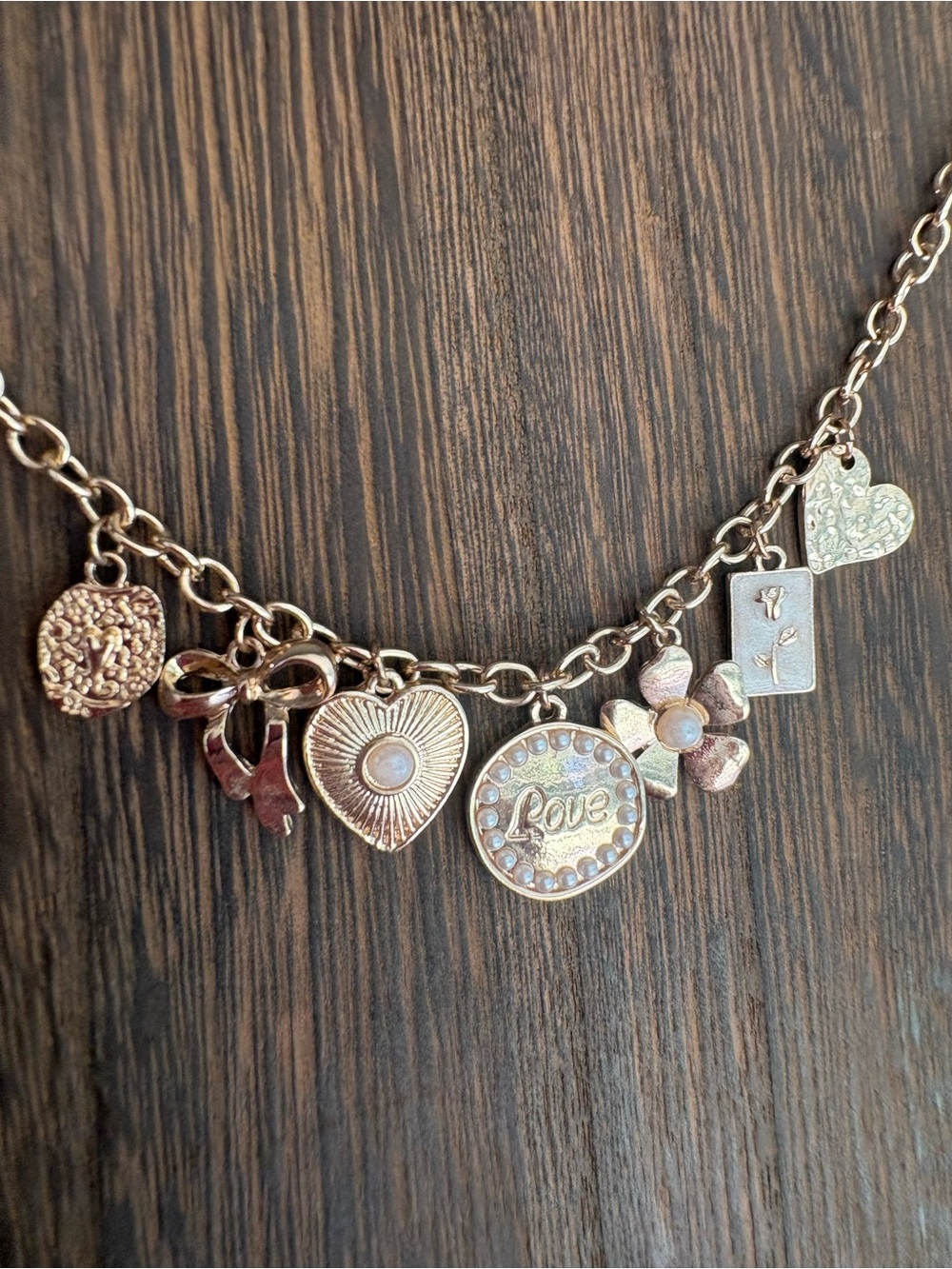 Gold-Tone Charm Necklace with Love, Heart & Floral Accents
